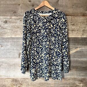 J. Jill Smocked Tunic‎ Floral Print Long Sleeve L Navy Cotton Blend Cottagecore